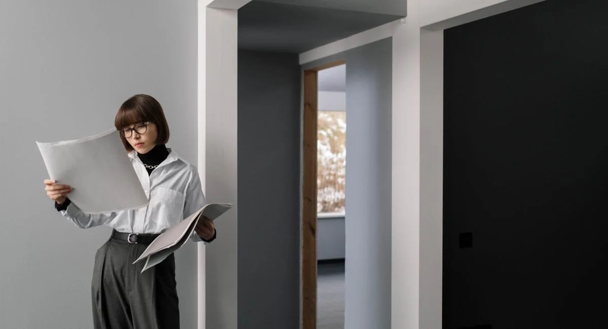 Businesswoman reviewing architectural plans in a modern apartment interior.