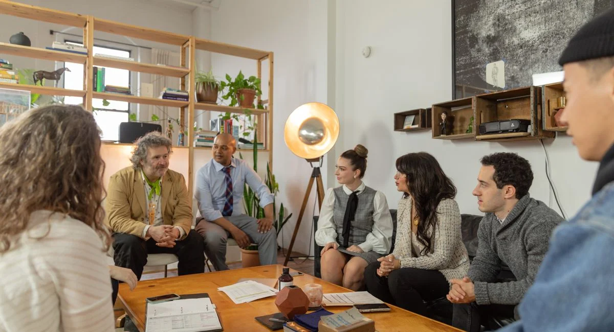 A group of diverse professionals having a lively discussion in a modern office setting.