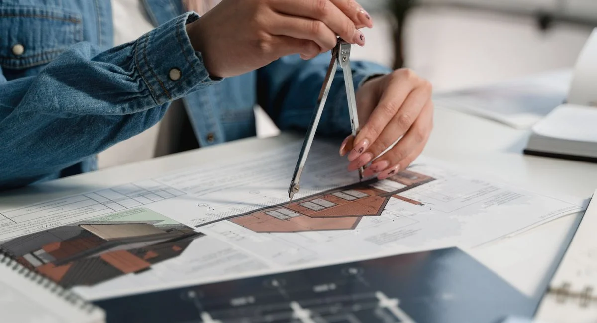 A creative professional using a compass on blueprints at an office desk.