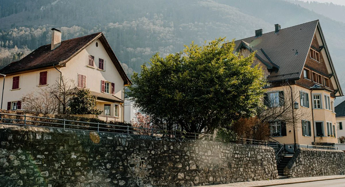 Scenic view of traditional houses in Lichtenstein, Germany with mountain backdrop.