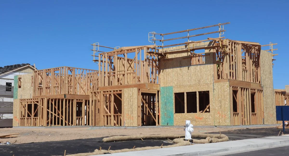 Capture of a wooden house frame under construction in Elk Grove, CA.