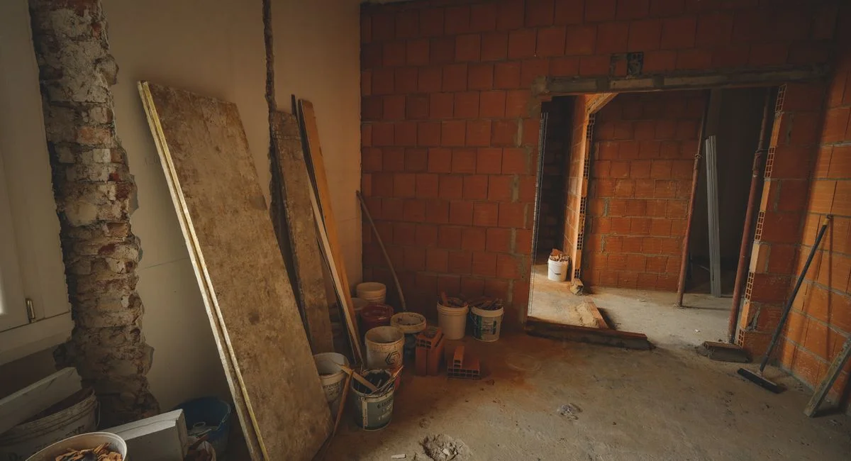 A red brick wall under construction with tools and materials scattered around in a renovation project.