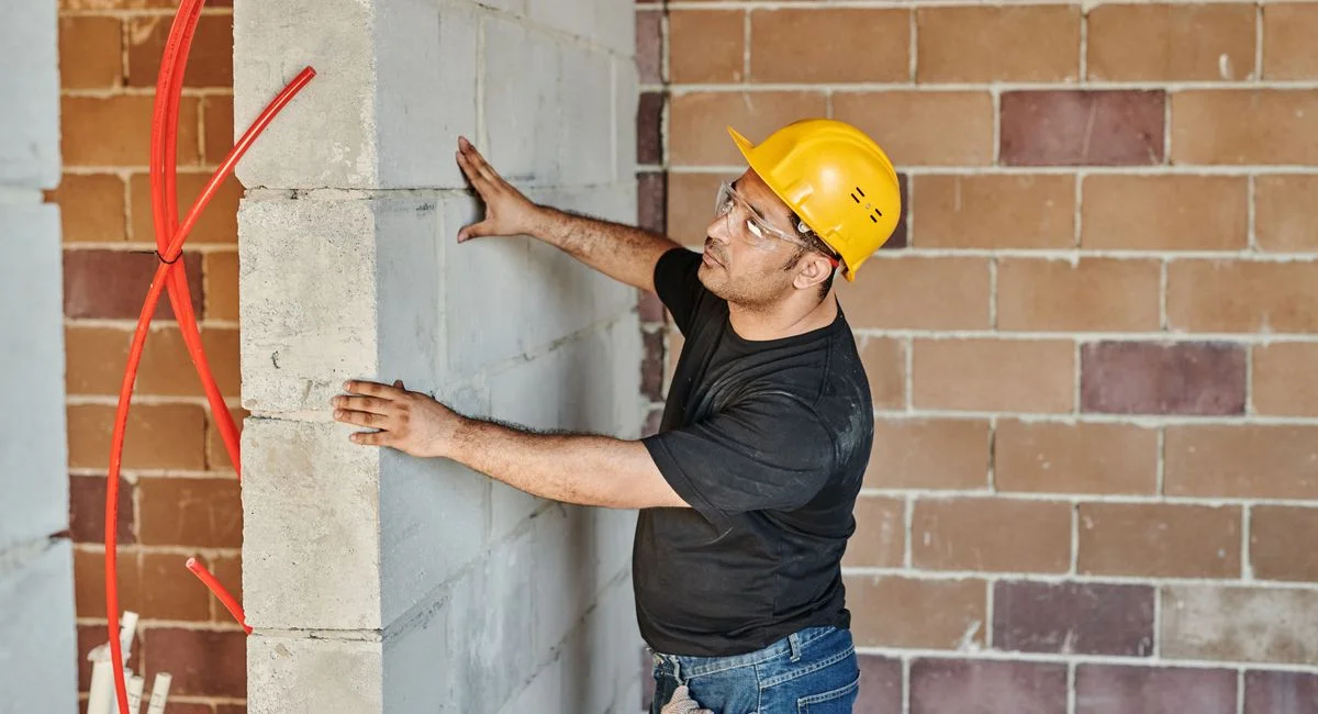 Man in hard hat checks brick wall in indoor construction site.