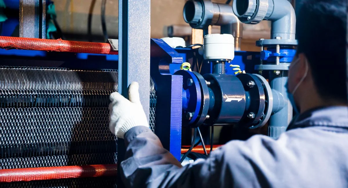 A worker in blue sleeves inspects machinery pipes and equipment at an industrial plant.