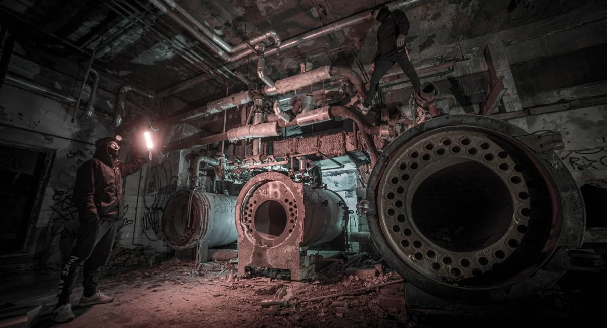 Mysterious exploration inside an abandoned industrial tunnel with eerie atmosphere and rusty machinery.