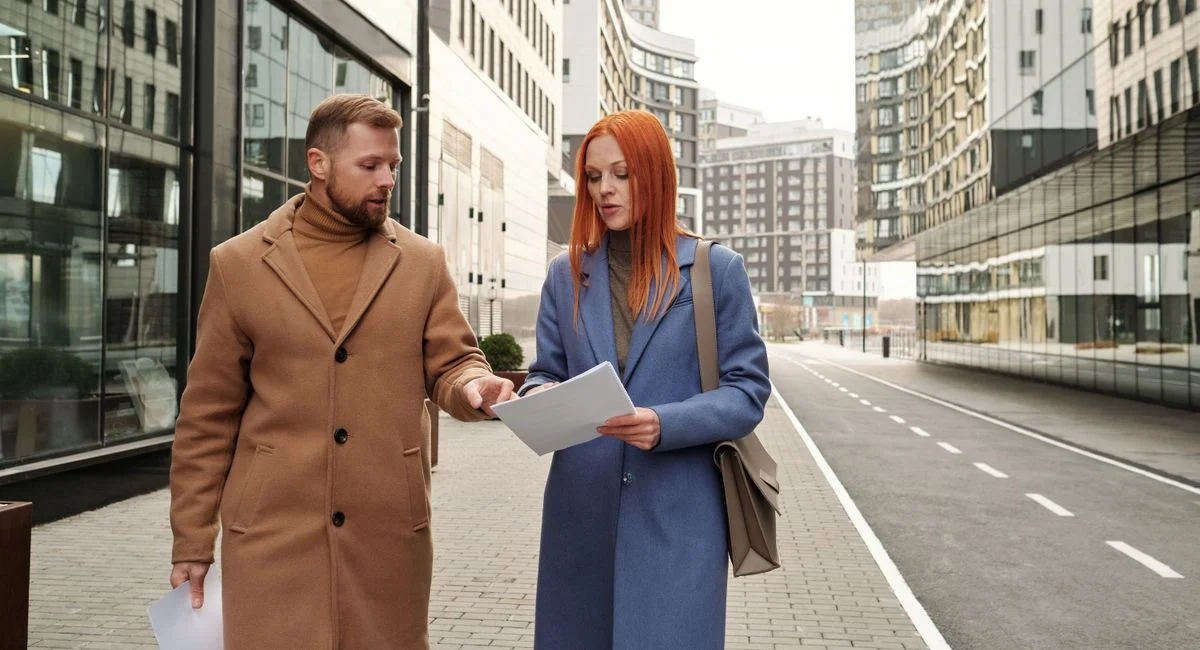 Two business professionals in winter attire reviewing documents in a modern cityscape.