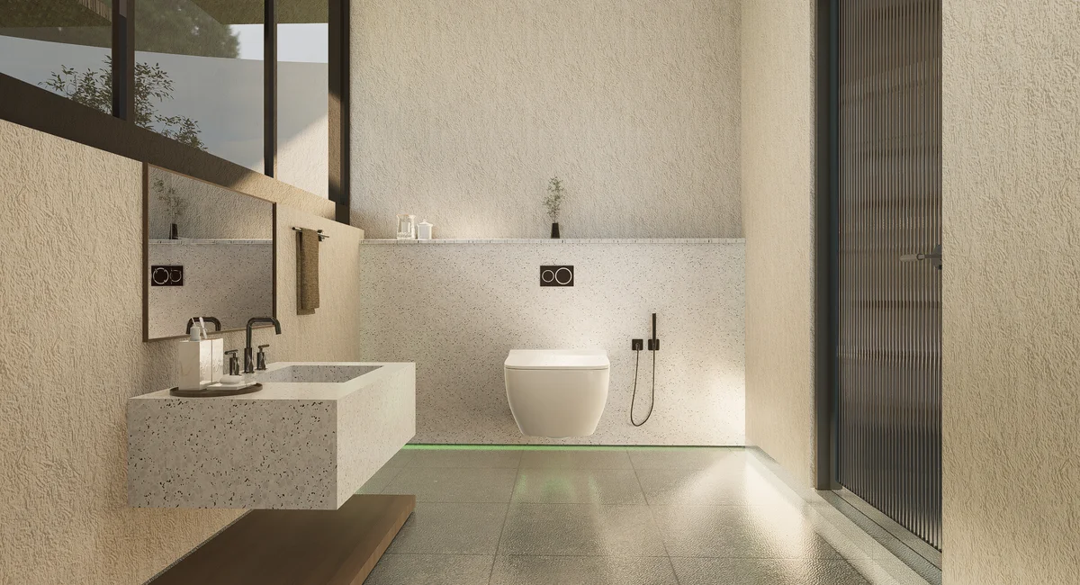 Sleek and calming modern bathroom with minimalist design and neutral tones.
