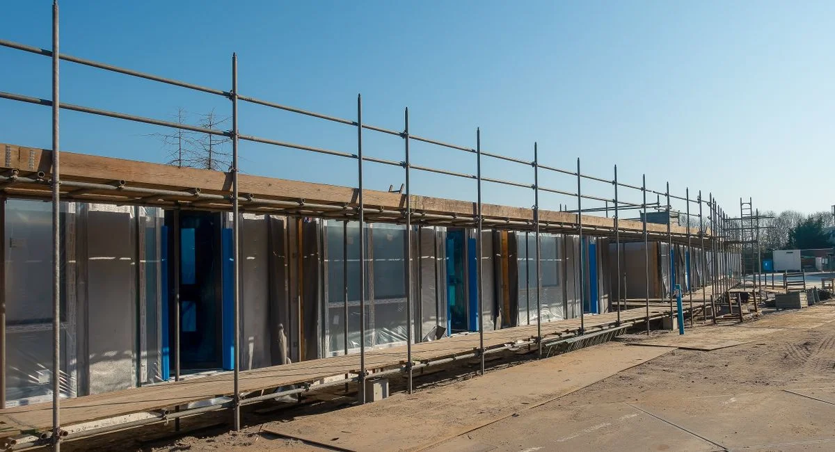 A clear day view of a construction site with scaffolding around an unfinished building.