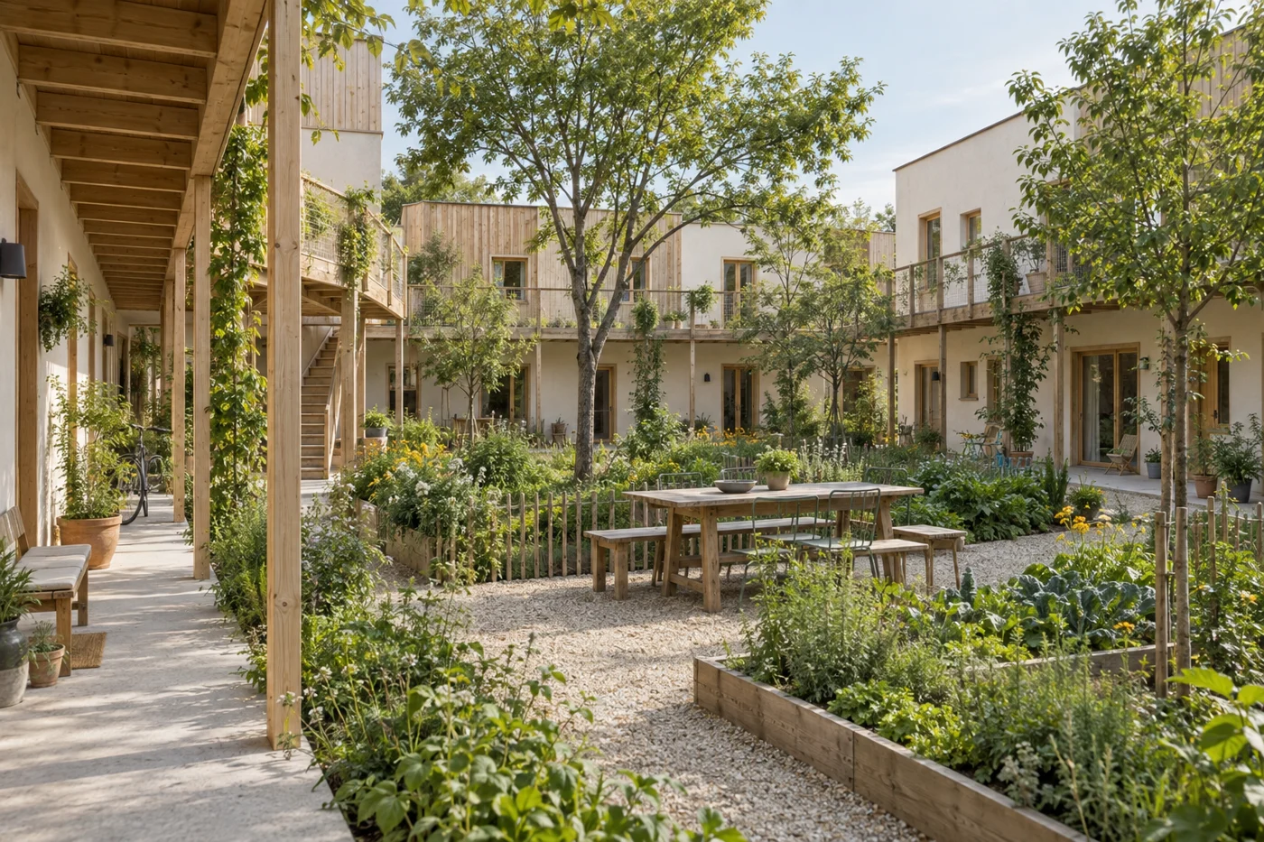 Illustration d’une cour partagée entourée de logements en bois