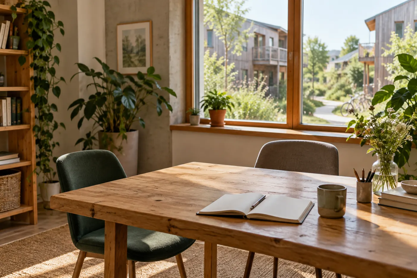 Espace de rencontre lumineux avec carnet et chaises autour d’une table