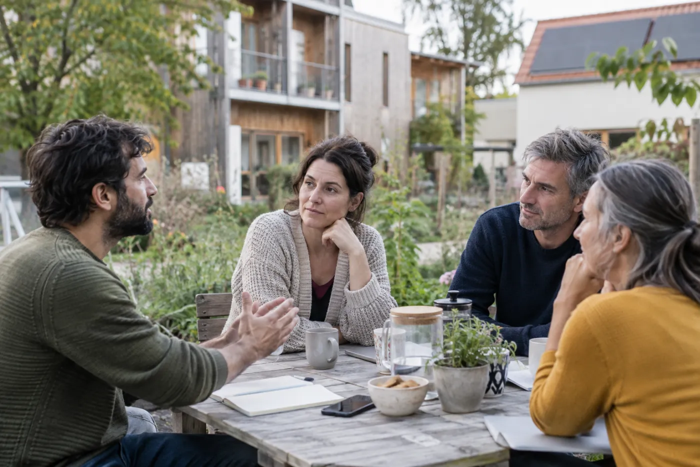 Des voisins discutent des choix de vie collective autour d’une table