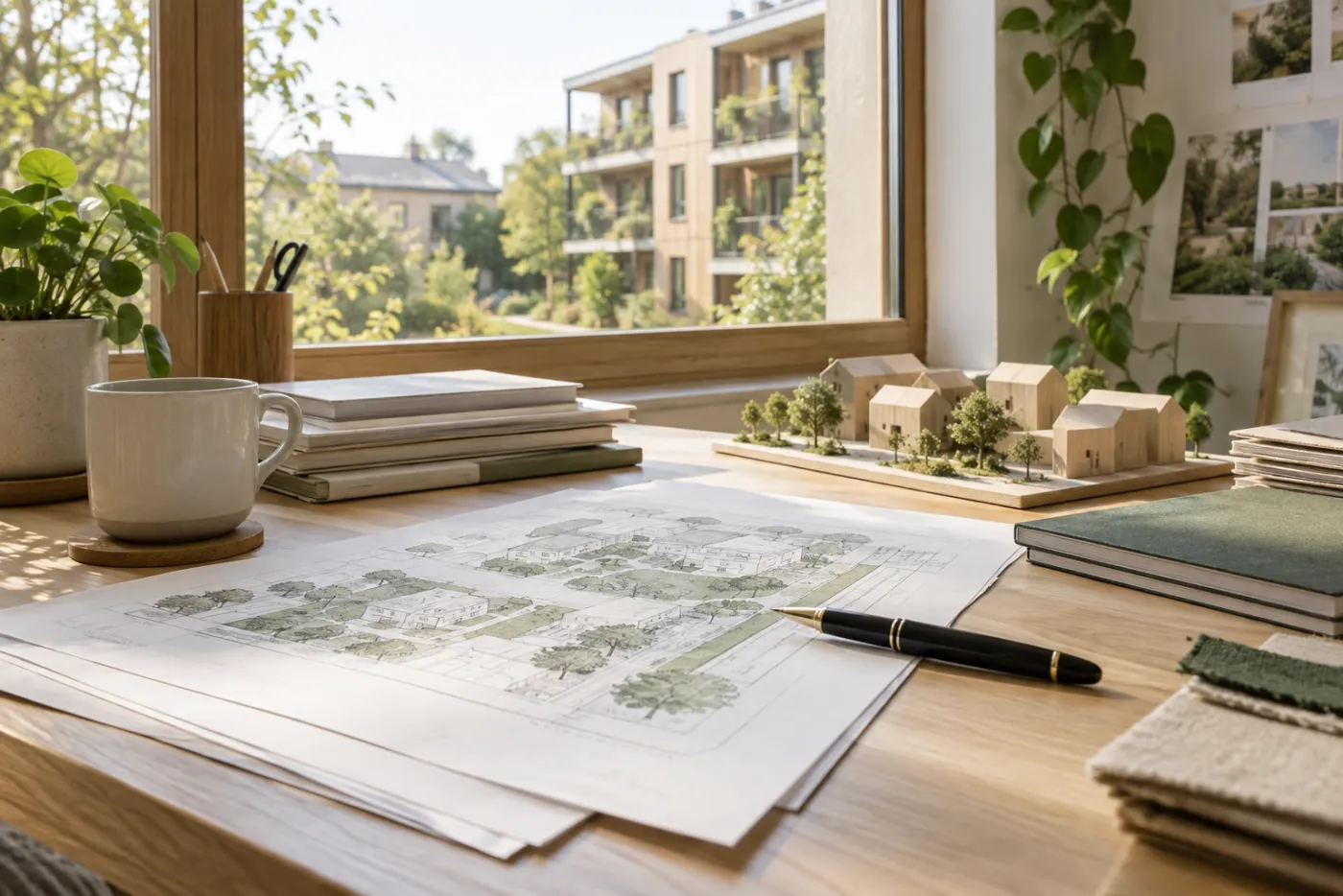 Documents et stylo disposés sur un bureau en bois