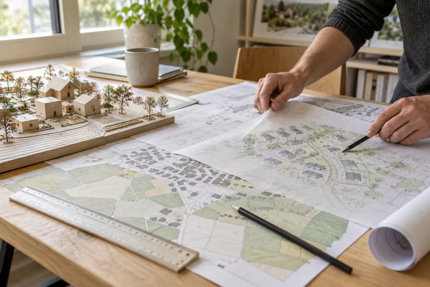 Plans de terrain, calques et maquette sur une table de travail