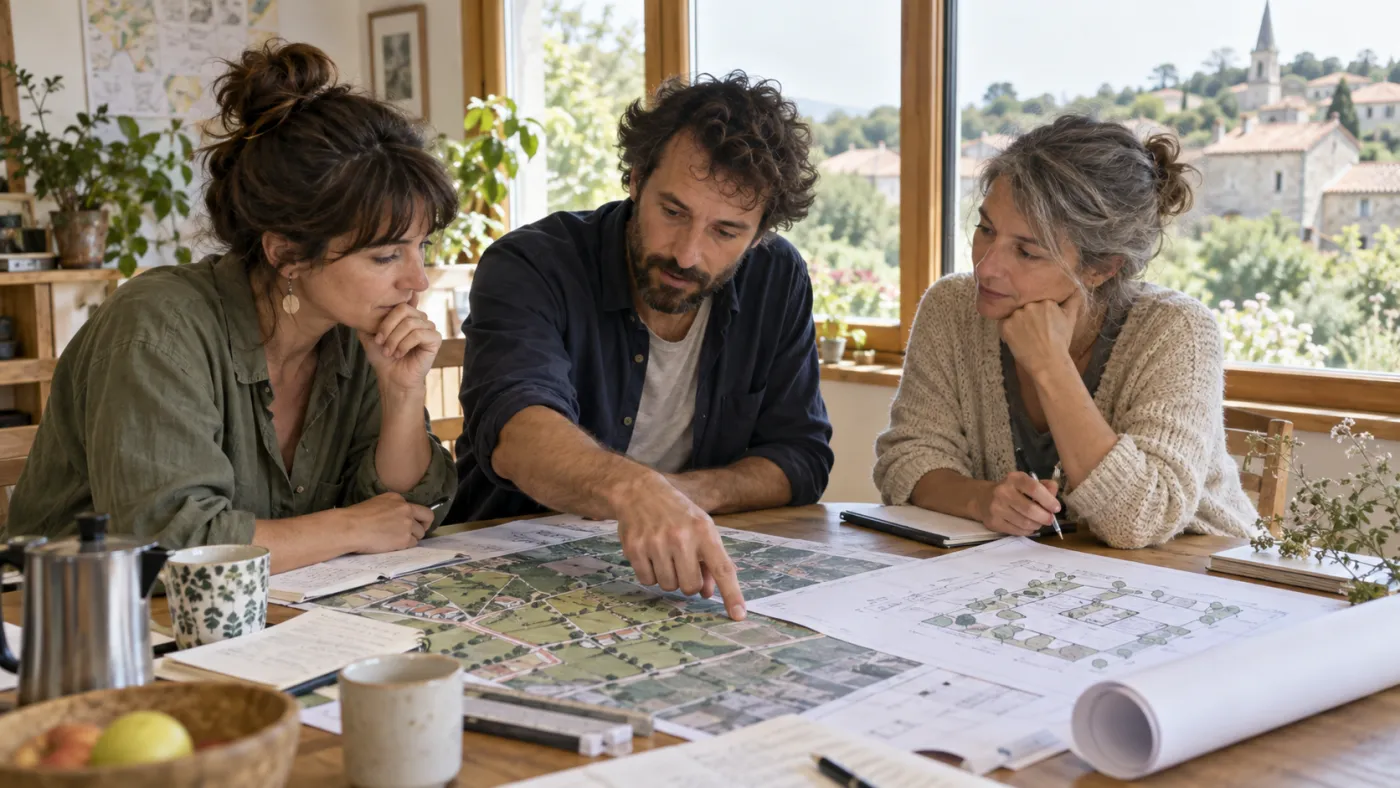 Des membres d’un collectif examinent le plan d’un terrain autour d’une table
