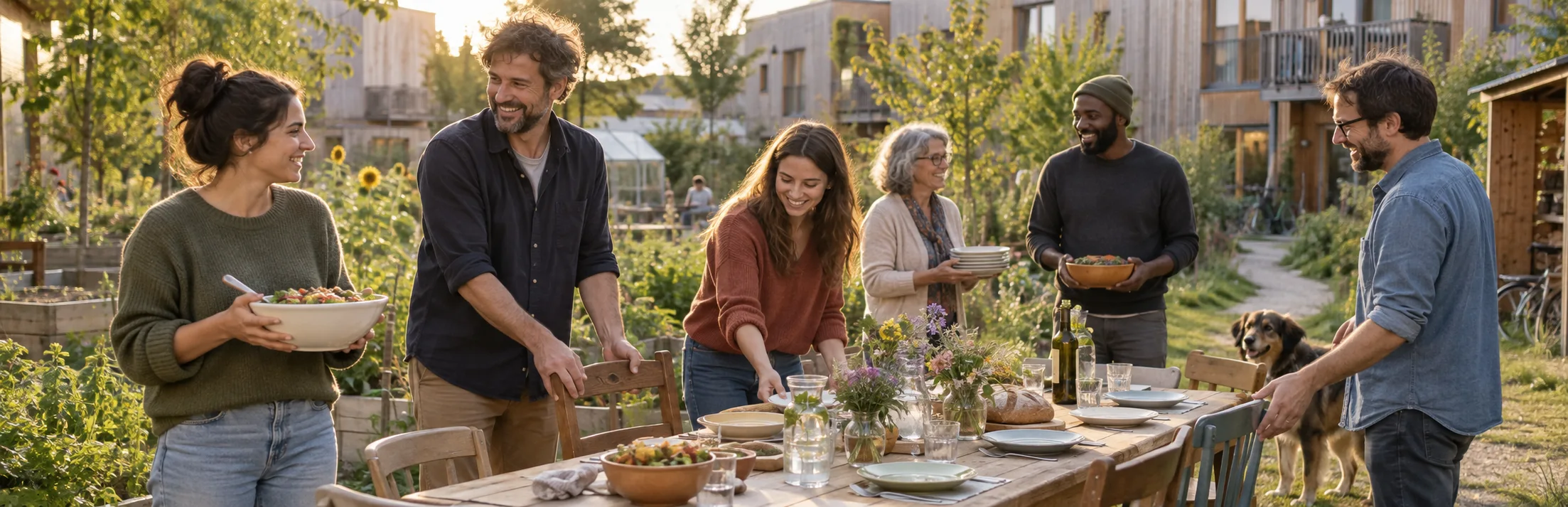 Des habitants échangent et préparent un repas autour d’une table dans le jardin commun